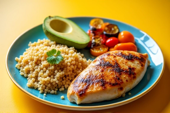 Plato colorido y saludable con quinoa, aguacate, verduras asadas y pollo a la parrilla, en un entorno luminoso y apetitoso.