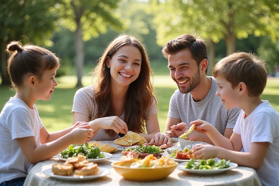 Una familia feliz compartiendo una comida saludable al aire libre, con un ambiente de alegría y bienestar.