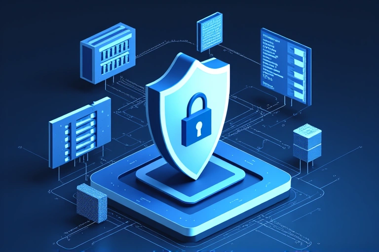 Ilustración de un centro de datos con un escudo de seguridad y barreras de protección de datos.