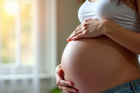 Madre embarazada con un vientre grande, felizmente tocándose el vientre