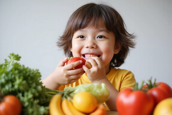 Niño feliz comiendo frutas y verduras, simbolizando una alimentación saludable en la infancia